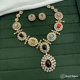 Navratna Stone Necklace Set with Earrings Traditional Gold Finish Jewelry