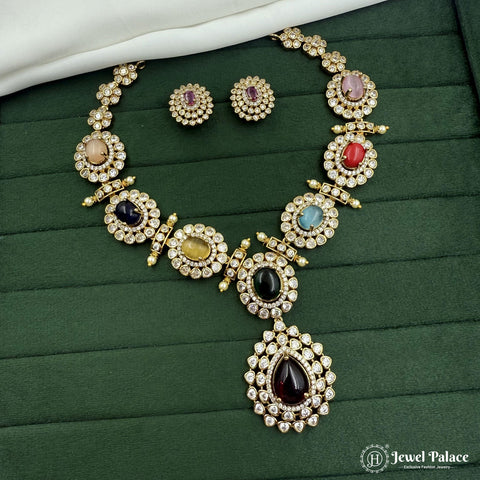 Navratna Stone Necklace Set with Earrings Traditional Gold Finish Jewelry