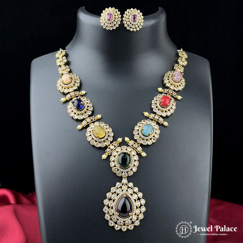 Navratna Stone Necklace Set with Earrings Traditional Gold Finish Jewelry