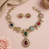 Navratna Stone Necklace Set with Earrings Traditional Gold Finish Jewelry