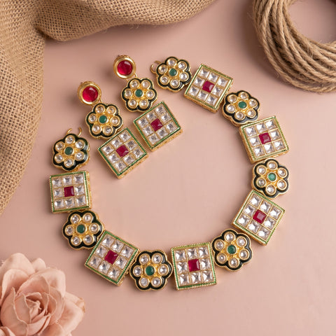 Kundan Choker Necklace Set with Red and Green Stones Traditional Gold Finish Jewelry