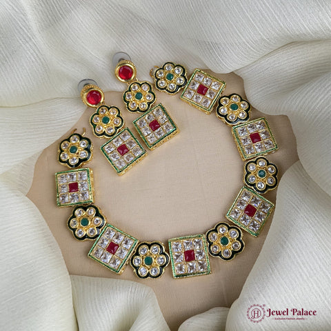 Kundan Choker Necklace Set with Red and Green Stones Traditional Gold Finish Jewelry