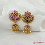 Gold earrings with purple gemstones on a white fabric background, branded 'Jewel Palace'.