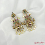 Ornate gold earrings with pearls and gemstones on a white background, branded 'Jewel Palace'.