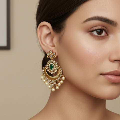 Elegant Green Kemp Chandbali with Pearl Drops