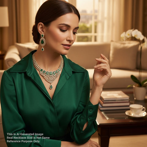 Woman wearing a green dress and jewelry in a living room setting