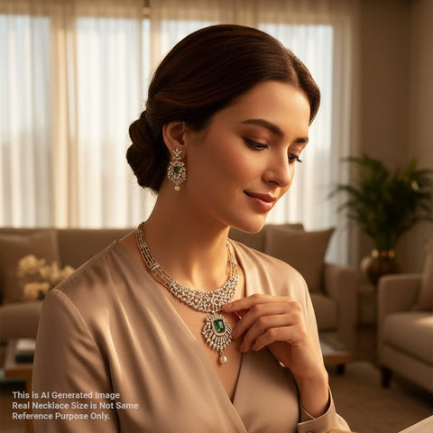 Woman wearing a luxurious necklace and earrings in a living room setting