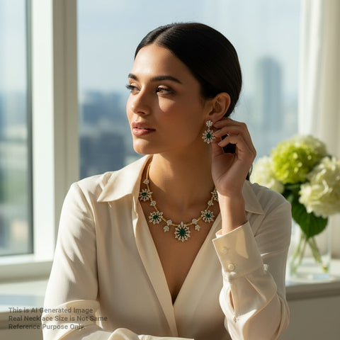 Woman wearing a necklace and earrings in front of a window with a cityscape view