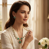 Woman wearing a green emerald necklace and earrings in a softly lit room.