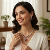 Woman wearing a necklace and earrings in a home setting
