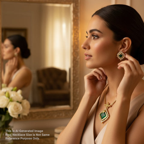Woman adjusting emerald green earrings in front of a mirror with flowers on a table.