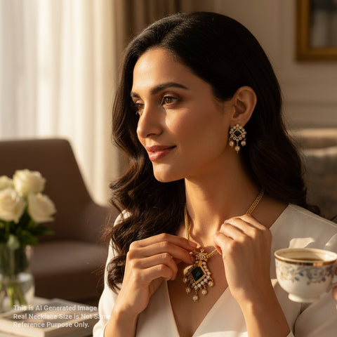 Woman wearing a gold necklace with a green gemstone, holding a cup of tea in a cozy room.