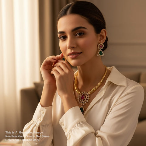Woman wearing a gold necklace and earrings in a softly lit room
