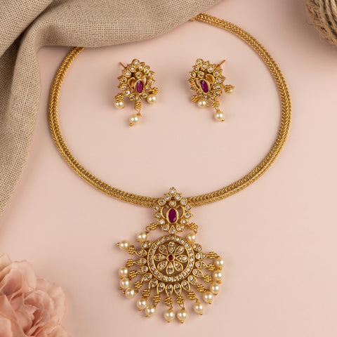 Glamorous Gold Plated AD Stone Brass Necklace