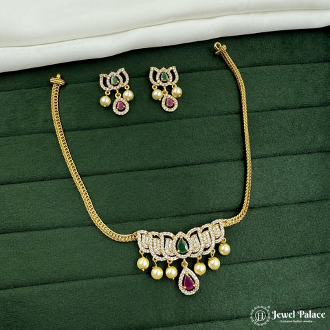 Elegant Brass Necklace with Ruby And Green AD Stones