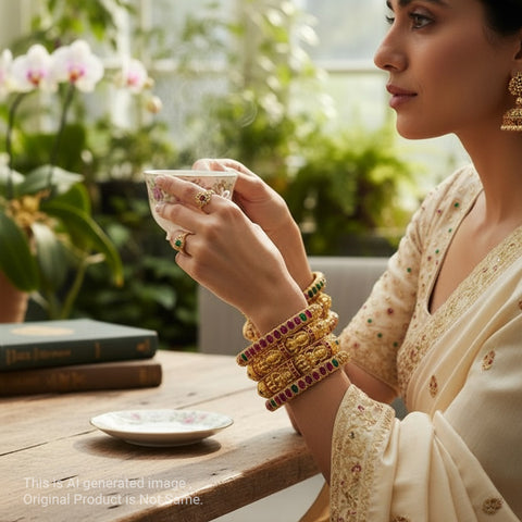 Traditional Antique Gold Temple Design Bangle Set Of 6