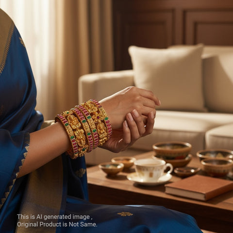 Person wearing gold bangles in a living room setting