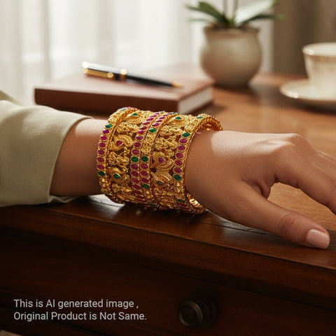 Traditional Antique Gold Temple Design Bangle Set Of 6 JH6809