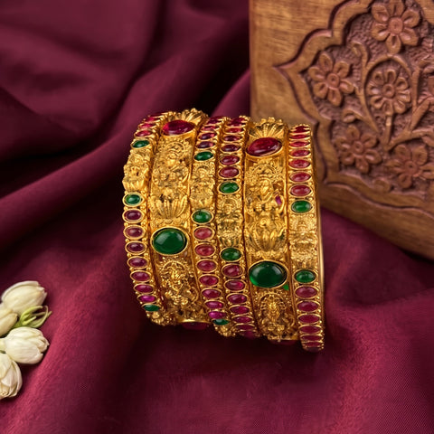 Traditional Antique Gold Temple Design Bangle Set Of 6