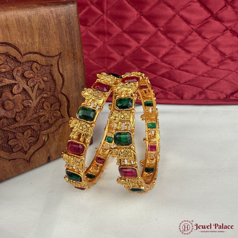 Traditional Antique Gold Temple Design Bangle Set Of 2