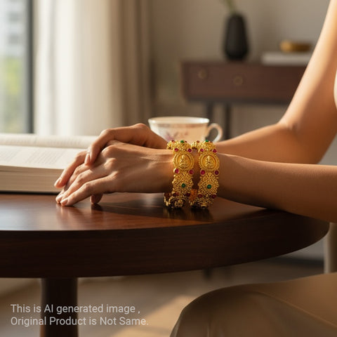 Traditional Antique Gold Temple Design Bangle Set Of 2