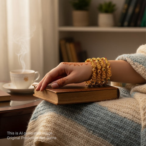 Traditional Antique Gold Temple Design Bangle Set Of 4