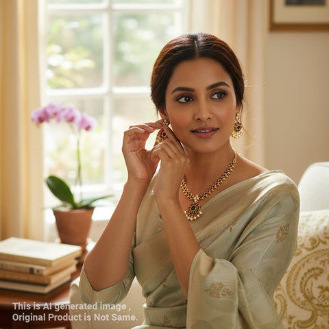 Woman in a light green saree with jewelry in a well-lit room.