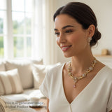 Woman wearing a gold necklace and earrings in a bright room with a couch.