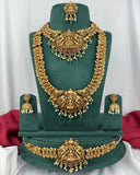 Gold necklace set with earrings on a green mannequin against a white background