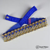 Decorative blue belt with gold and blue embellishments on a gray background, branded 'Jewel Palace'.