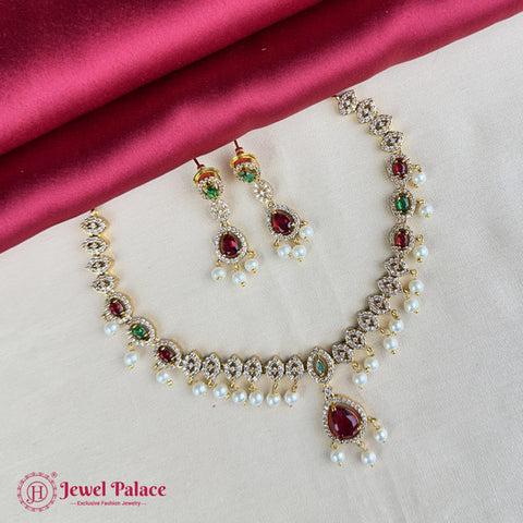 Premium Brass AD Stone Pearls Necklace Set JH7037