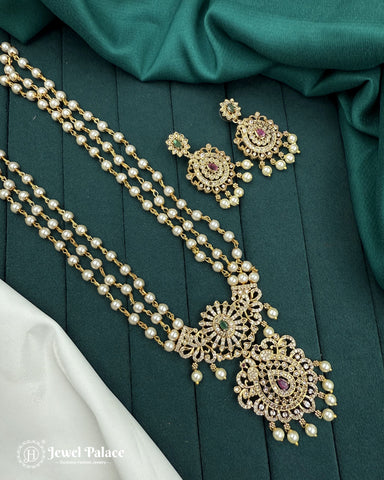 Premium Pearl Layered AD Stone Necklace Set with Matching Earrings