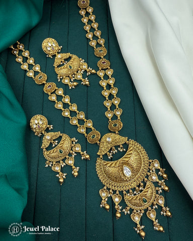 Grand Antique Gold Temple Necklace Set with Peacock Motif