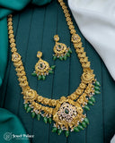 Royal Antique Gold Temple Necklace Set with Green Beads and AD Stones