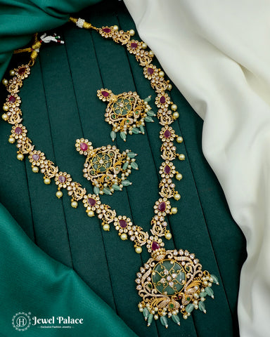 Elegant Antique Gold AD Stone Necklace Set with Green Enamel Pendant And Pearl