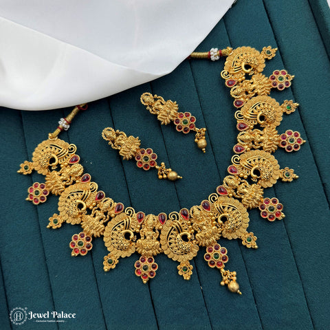 Premium Antique Gold Finish Temple Necklace Set with Lakshmi Motifs JH7175