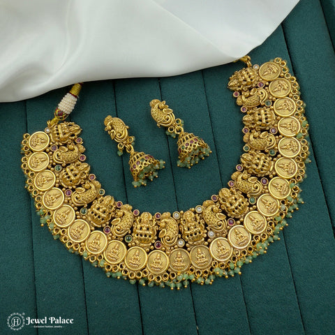 Elegant  Antique Gold Plated Laxmi Coins With Pearls Temple Necklace Set JH7179