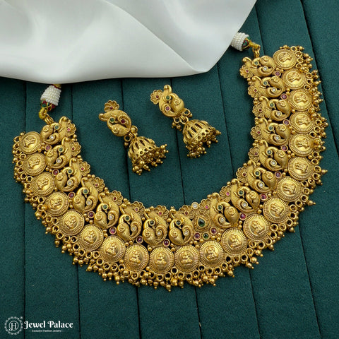 Elegant  Antique Gold Plated Laxmi Coins With Pearls Temple Necklace Set JH7180