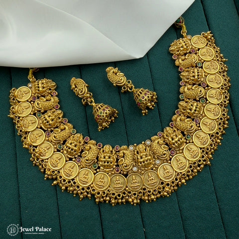 Elegant  Antique Gold Plated Laxmi Coins With Pearls Temple Necklace Set JH7181