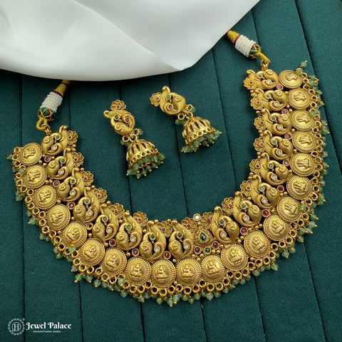 Elegant  Antique Gold Plated Laxmi Coins With Pearls Temple Necklace Set JH7182