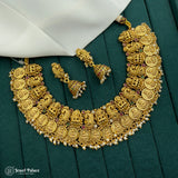 Elegant  Antique Gold Plated Laxmi Coins With Pearls Temple Necklace Set JH7183