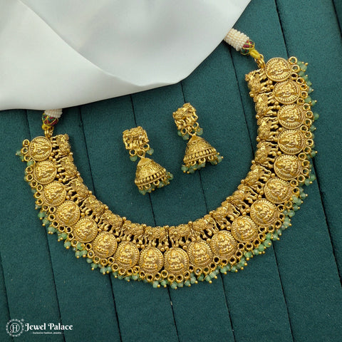 Elegant  Antique Gold Plated Laxmi Coins With Pearls Temple Necklace Set JH7184