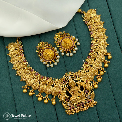 Premium Antique Gold Finish Temple Necklace Set with Lakshmi Motifs JH7185