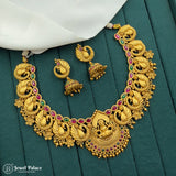 Premium Antique Gold Finish Temple Necklace Set with Lakshmi Motifs JH7186