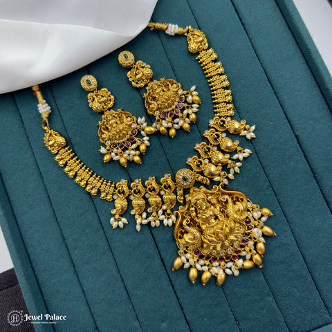 Premium Antique Gold Finish Temple Necklace Set with Lakshmi Motifs JH7188