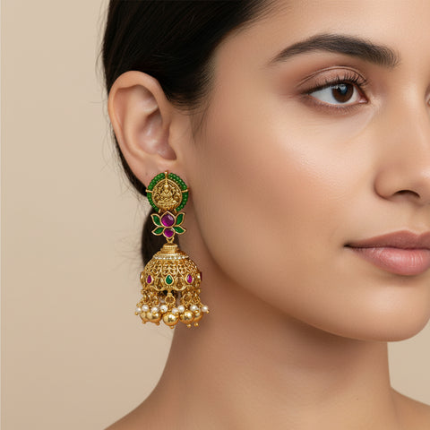 Classic South Indian Lakshmi Jhumkas with Ruby And Green Stones