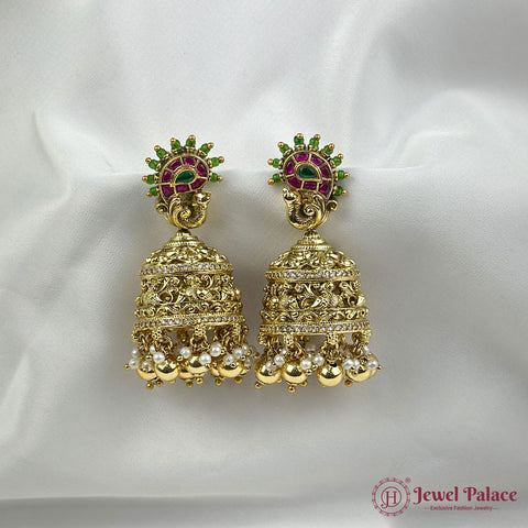 Beautiful Peacock Motif Antique Gold Premium Jhumka Earrings
