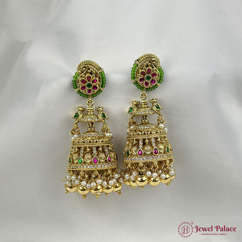 Exclusive Grand Temple Jhumkas With Peacock And Floral Motifs