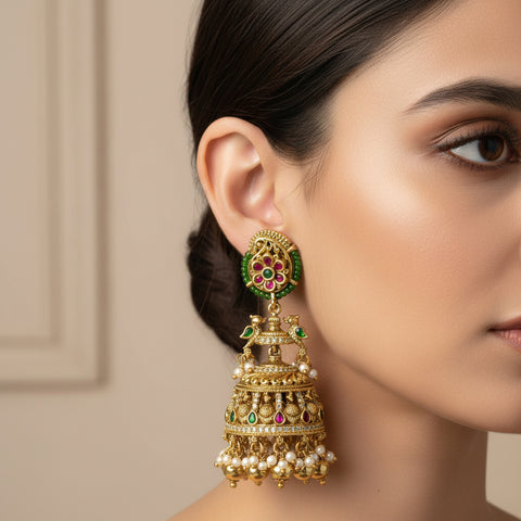 Exclusive Grand Temple Jhumkas With Peacock And Floral Motifs