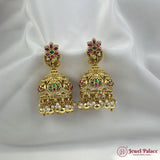 Regal Antique Gold Jhumkas with Ruby And Green Stone Work